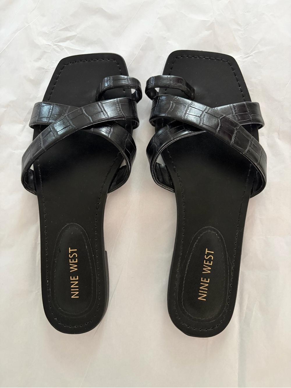 Nine West Black Croc-Embossed Crisscross Slide Sandals